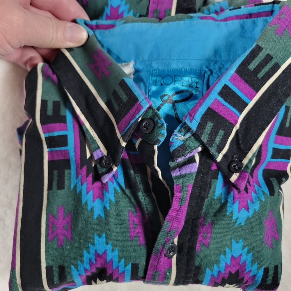 Vintage Roper Mens L Southwestern Geometric Western Button Dwn Shirt Purple Teal - Picture 12 of 12